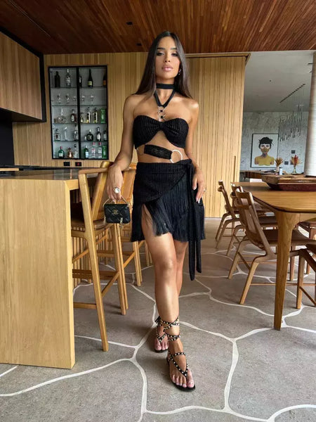 Conjunto sexy de biquíni feminino, sutiã de renda, mini saia, férias de praia, fato de banho feminino casual, 2 peças, verão