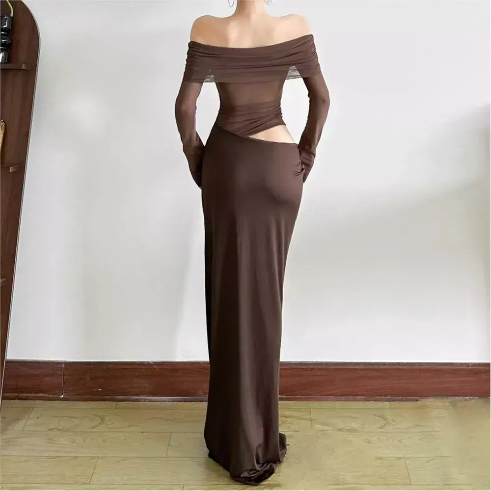 Oco sexy vestido longo feminino um ombro malha transparente festa noite vestido de malha verão moda cor sólida maxi vestidos