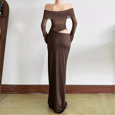 Oco sexy vestido longo feminino um ombro malha transparente festa noite vestido de malha verão moda cor sólida maxi vestidos