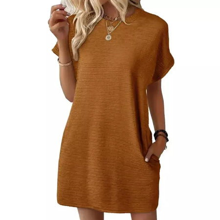 2026 robe femmes soiree manga curta em torno do pescoço mini vestido de cor sólida das mulheres bolso novo solto escritório deslocamento versátil vestido
