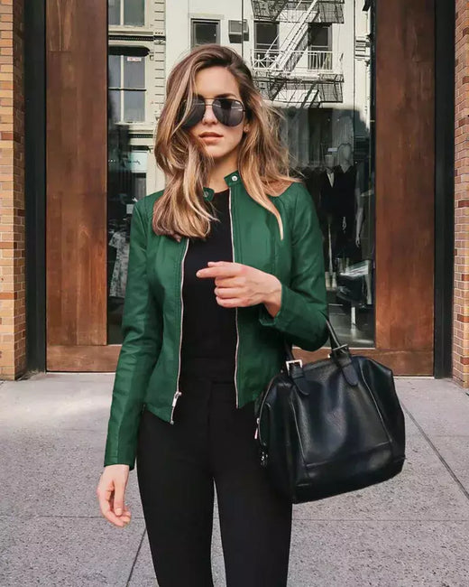 Jaqueta de couro PU feminina com zíper, casaco manga comprida, jaquetas de motociclista, slim fit, monocromática, streetwear casual, moda feminina, outono, Y2K