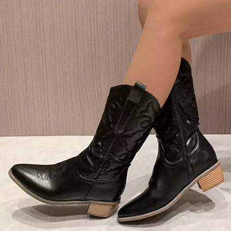 Botas meio da panturrilha para mulheres, zíper lateral, ponteiro prateado, vaqueiro ocidental, moda retrô, preto, dourado, tamanho grande 36-43