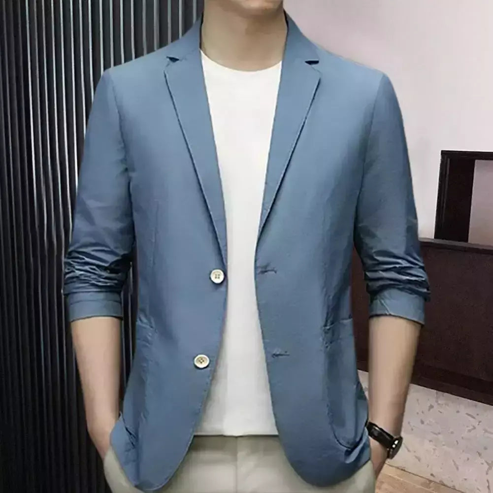 Blazers de negócios monocromáticos masculinos, blazers slim fit, botões duplos, lapela, mangas 3/4, terno de deslocamento, casaco do noivo