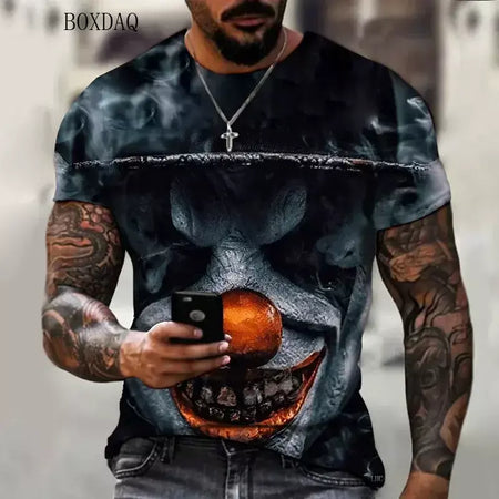 Camiseta masculina de manga curta, solta e casual, com padrão de palhaço aterrorizante, impressa em 3D, tamanho grande 6XL, verão