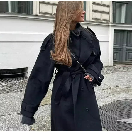 Trench coat maxi oversized feminino com lapela entalhada com cinto duplo breasted vintage streetwear 2025 tendência casual casacos diários