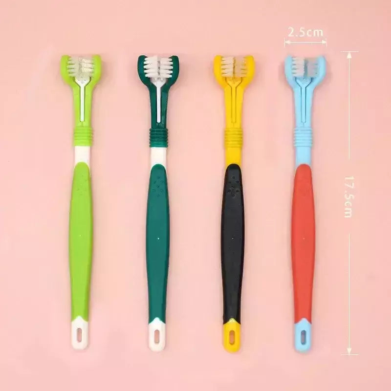 Escova de dentes de plástico para animais de estimação, 3 lados, remoção de tártaro, mau hálito, limpeza de boca, cuidados dentários para animais de estimação, boca de limpeza de gato