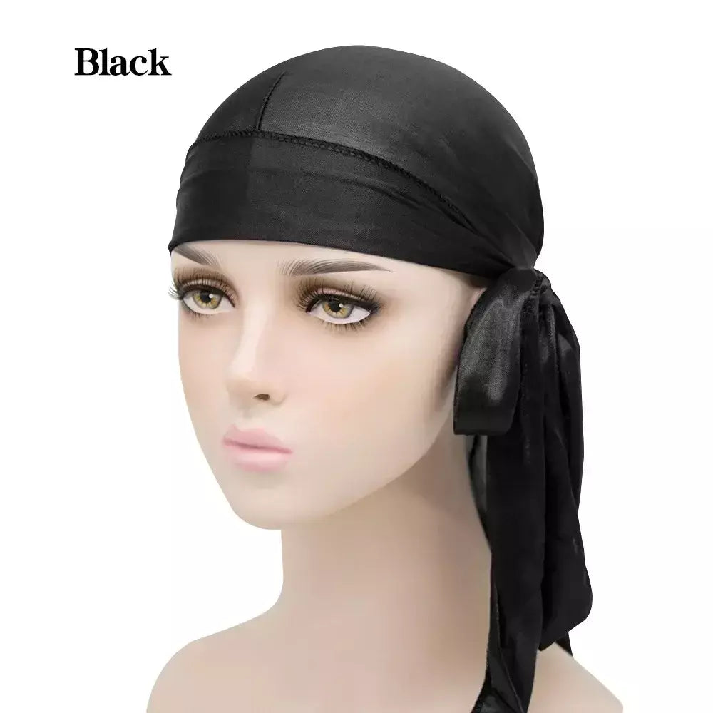 Elasticidade baotou boné faixas de cabelo simulação sedosa durag cauda longa chapéu pirata bandana turbante para crianças criança fita acessórios