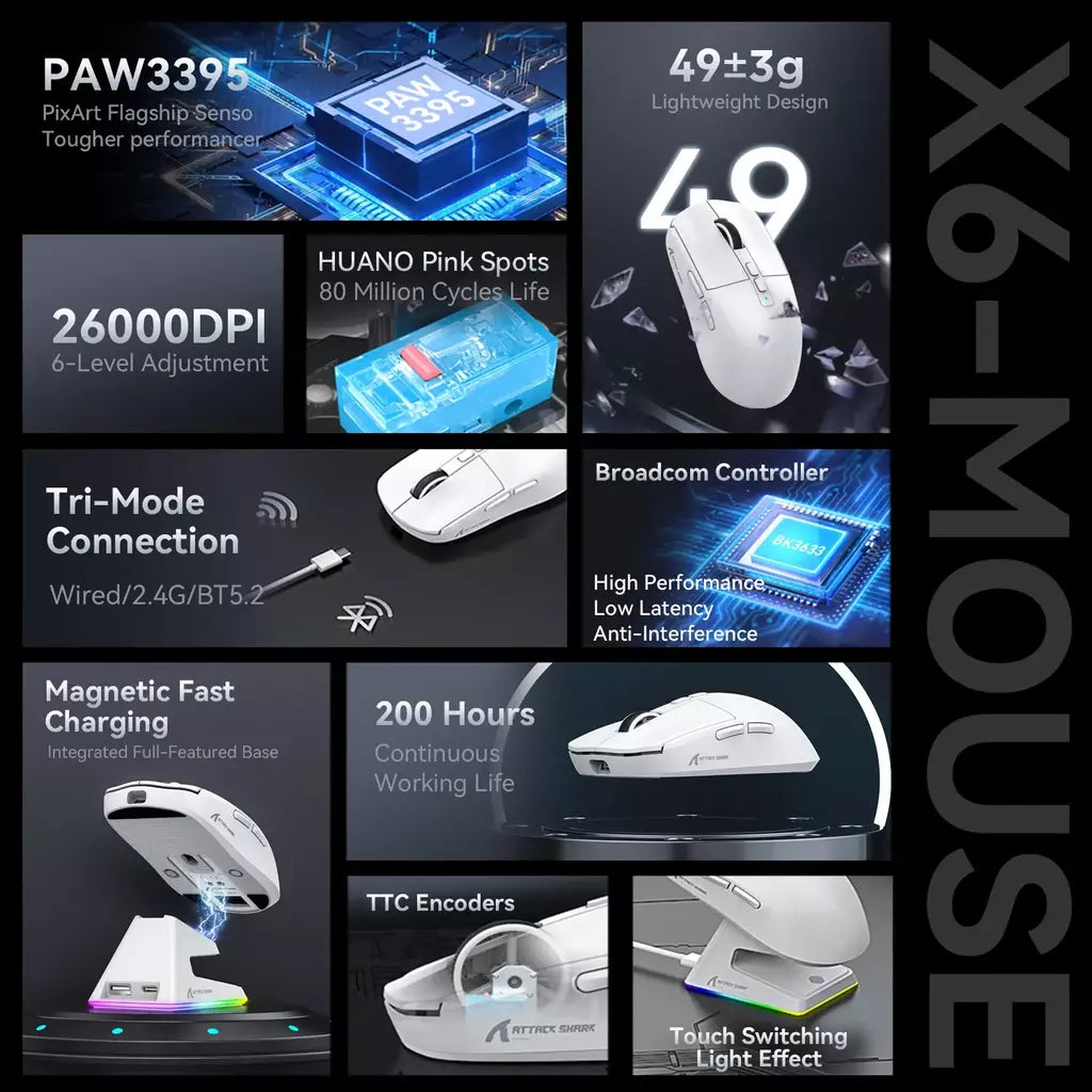 Attack Shark X6 Bluetooth Mouse Gaming Conexão Tri-Mode Sem Fio, Base de Carregamento Magnético Touch RGB PAW3395 Macro Gaming Mouse