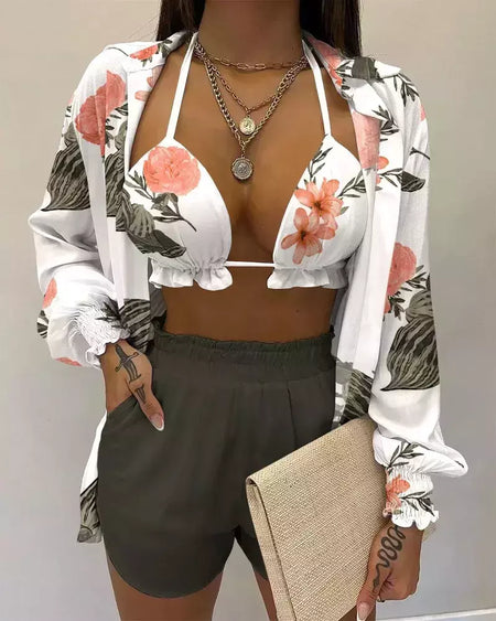 Fato de banho feminino de três peças, moda praia sexy, biquíni de cintura alta, maiô estampado, shorts para cobrir, moda praia de verão, novo 2024