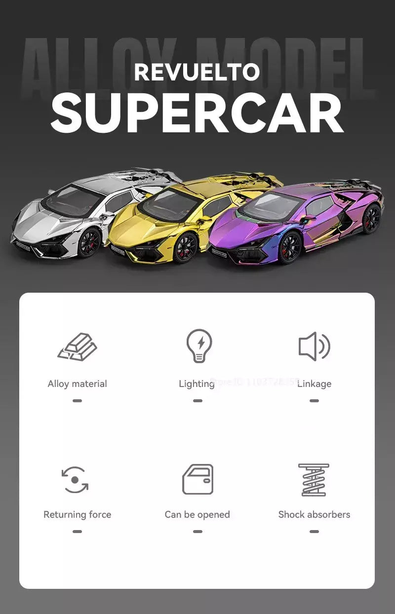 1:24 escala revuelto modelo em miniatura brinquedo carros esportivos liga diecast supercars som luz portas abertas puxar para trás para crianças presentes