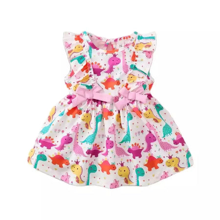 Vestido sem mangas de dinossauro pequeno para menina, saia legal dos desenhos animados, adequado para o verão à beira-mar e areia, moda para criança, 0 a 3 anos