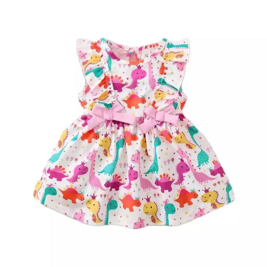 Vestido sem mangas de dinossauro pequeno para menina, saia legal dos desenhos animados, adequado para o verão à beira-mar e areia, moda para criança, 0 a 3 anos