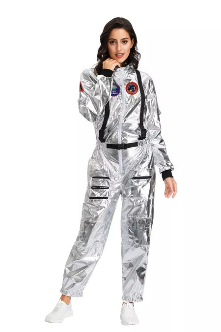 Adulto prata astronauta traje das mulheres dos homens spaceman terno espaço macacão halloween cosplay festa vestir-se