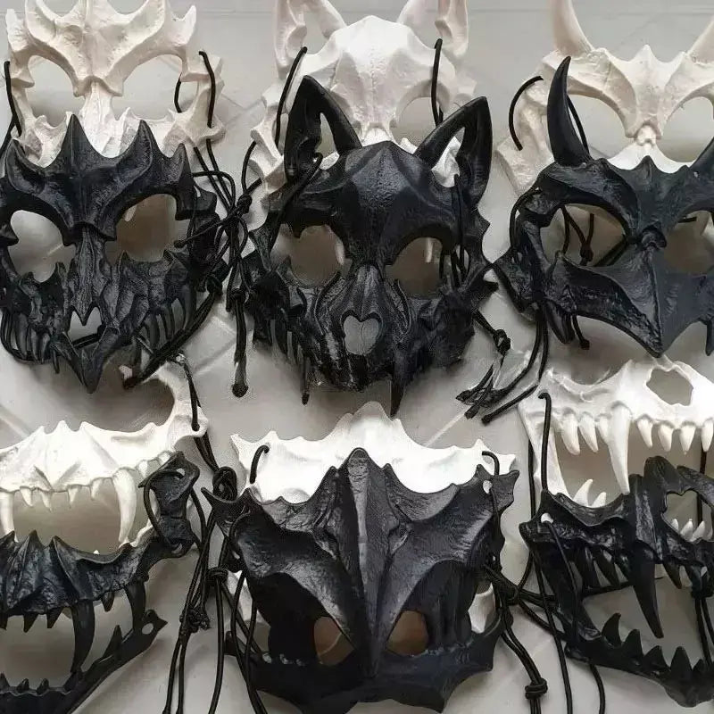 Festa crânio máscara dentes longos demônio esqueleto meia máscara facial lobo dragão tigre houjuu nue máscara cosplay traje de halloween adereços