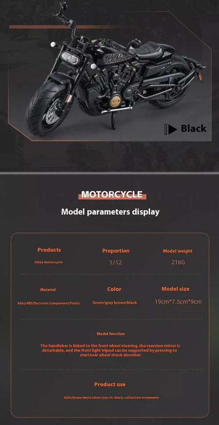 Simulação 1/12 davidson SPORTSTER-S motocicleta de liga off-road, ornamentos de modelo para crianças brinquedos para meninos presentes de feriado