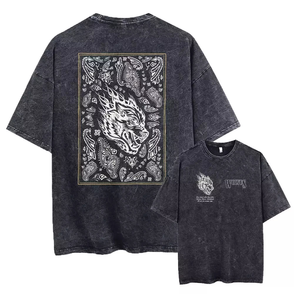 Lobos escuros Vintage lavados camisetas para homens, musculação em ginástica, roupas masculinas extragrandes, fitness no verão, treino