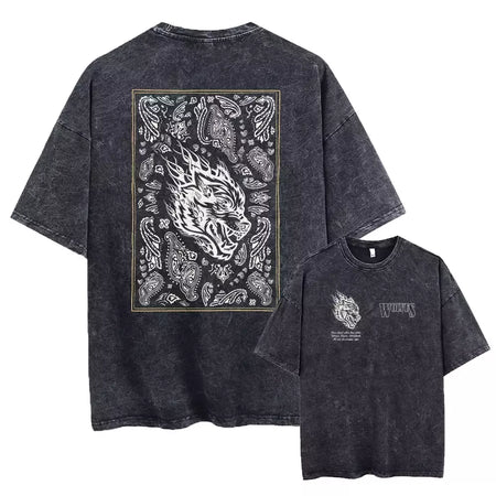 Lobos escuros Vintage lavados camisetas para homens, musculação em ginástica, roupas masculinas extragrandes, fitness no verão, treino
