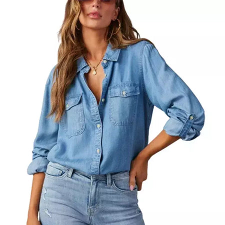 Camisa jeans fina de peito único feminina, bolso de emenda, manga longa, tops de lapela, confortável, blusa casual para mulheres, outono