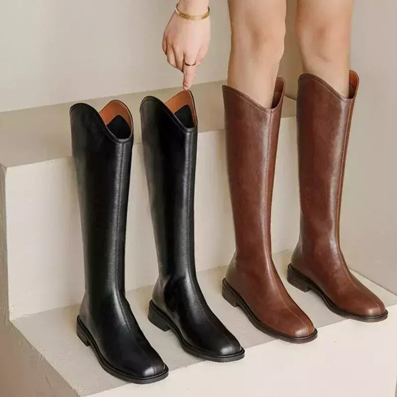 Botas de couro natural para mulheres, sapatos góticos de veludo, botas longas para senhoras, botas ocidentais, outono e inverno