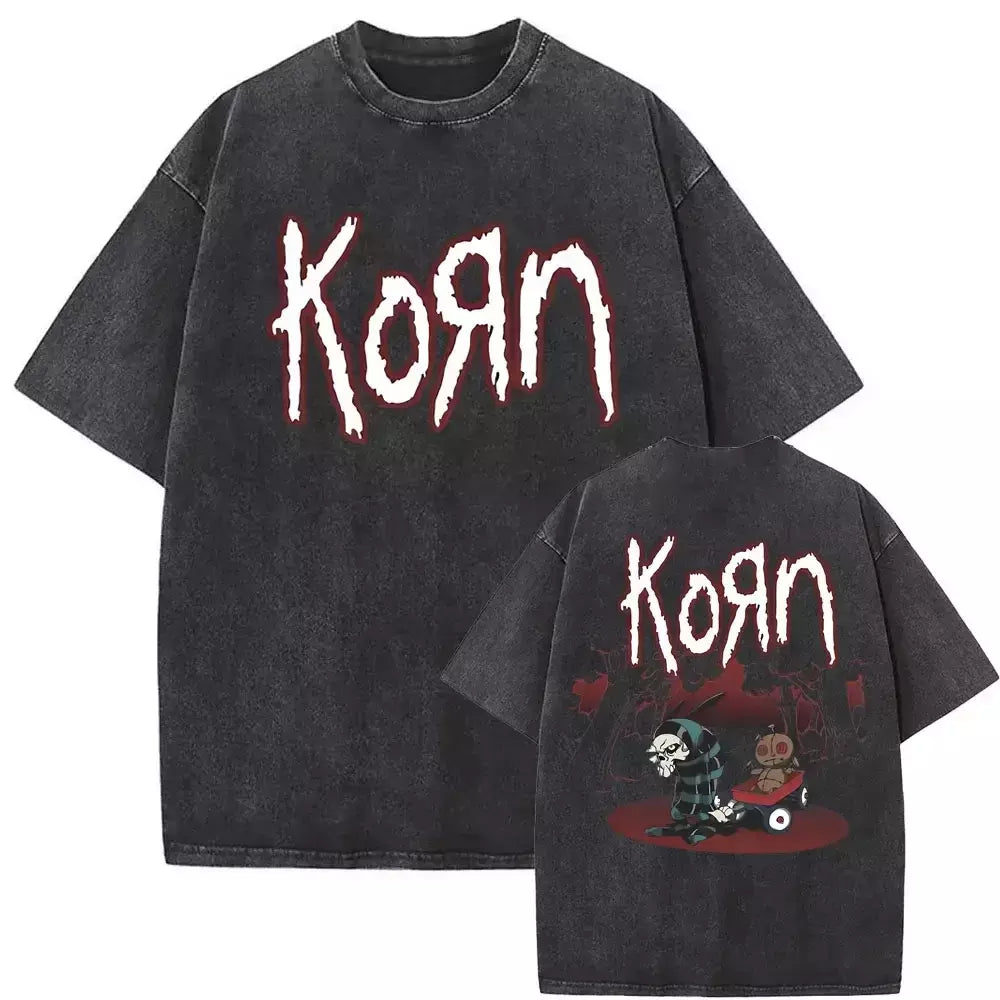 Camisetas com estampa de esqueleto masculinas, banda de rock vintage lavada, Korn caindo longe de mim, camiseta gótica, camiseta masculina extragrande, moda