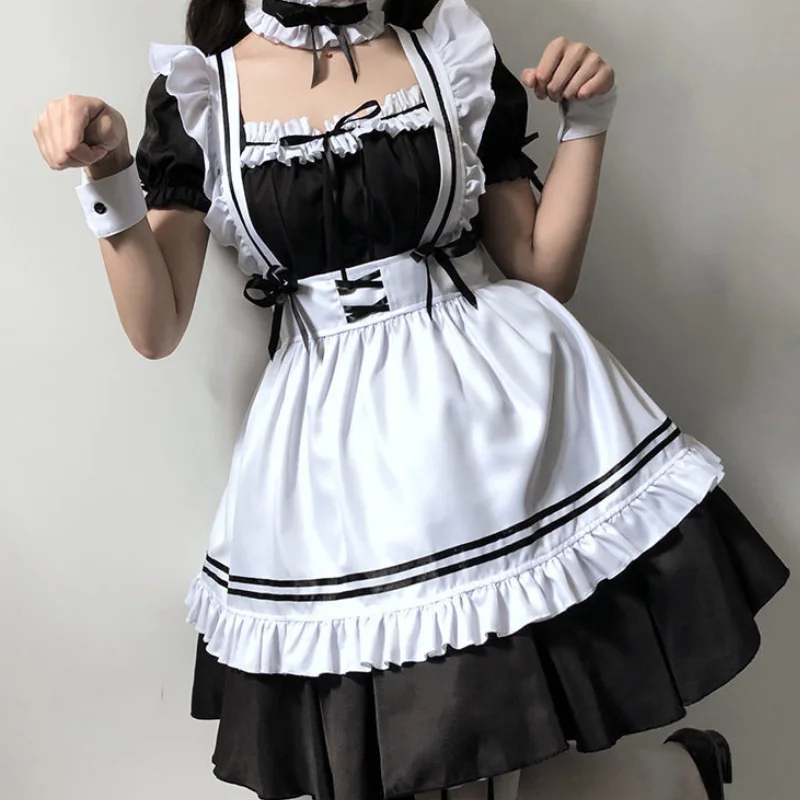 Preto branco lolita empregada traje cosplay trajes bonito vestido sexy avental francês uniforme café empregada festa saia roupas femininas