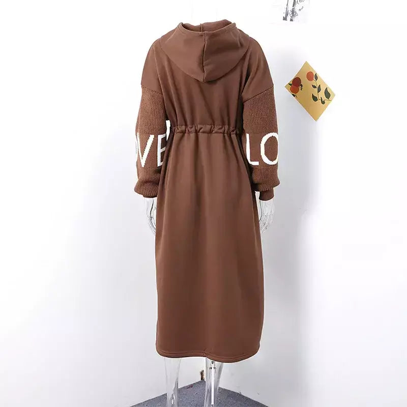 Casual longo retalhos casacos de malha feminino casual hoodies rendas até bolsos jaquetas femininas 2024 outono inverno nova senhora outerwears