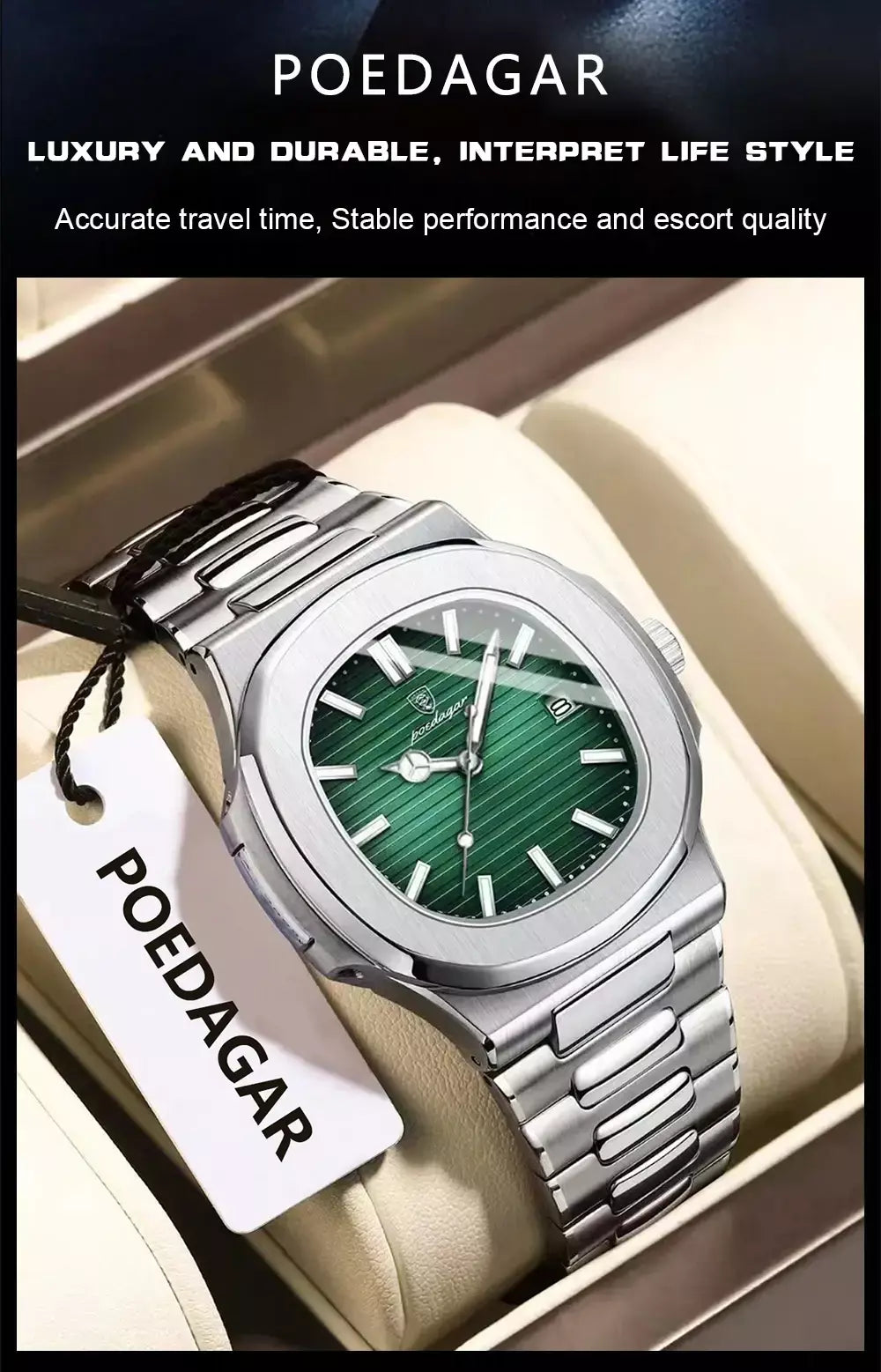 Poedagar quadrado na moda relógio de pulso masculino luminoso à prova dwaterproof água relógio de aço inoxidável para homem data quartzo negócios relógios masculinos reloj