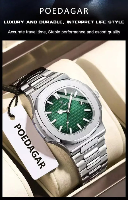 Poedagar quadrado na moda relógio de pulso masculino luminoso à prova dwaterproof água relógio de aço inoxidável para homem data quartzo negócios relógios masculinos reloj