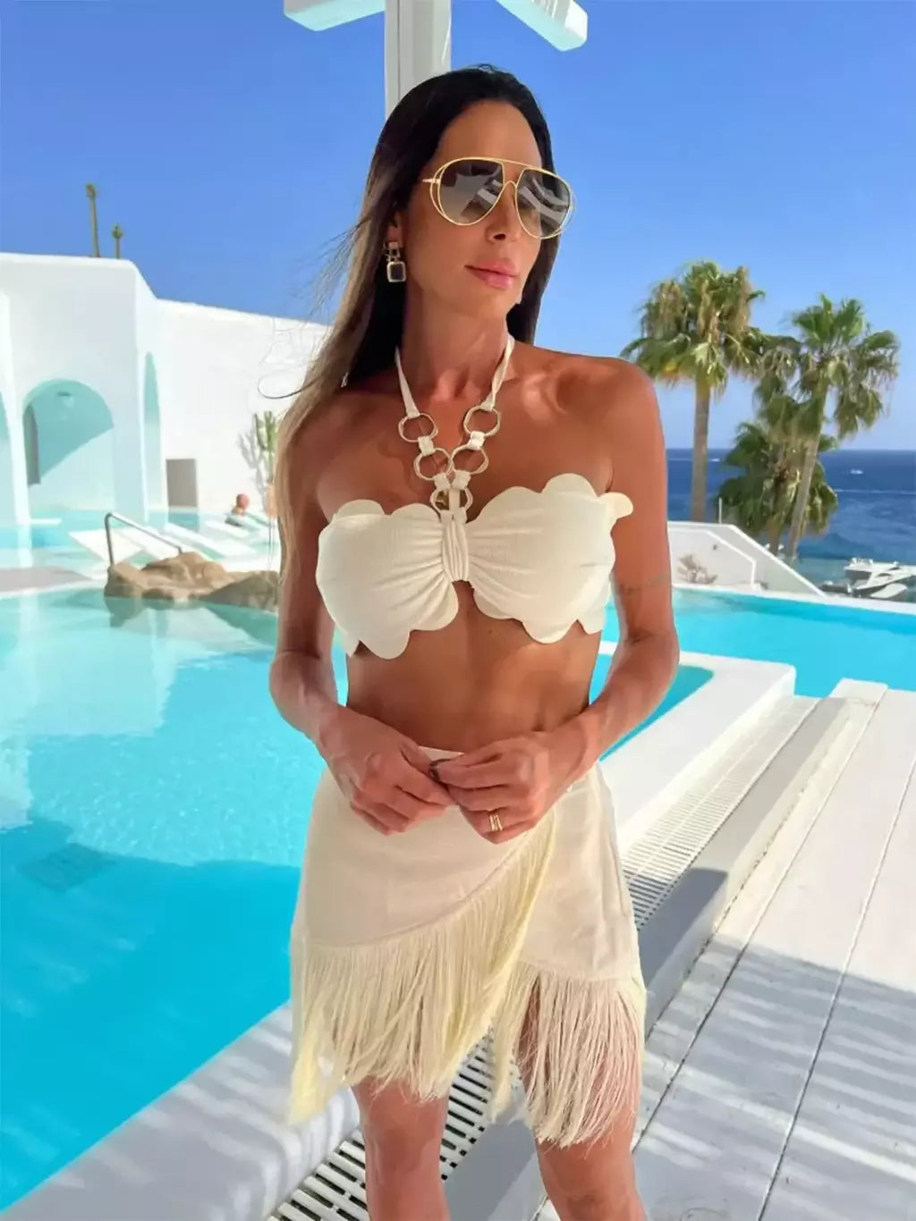 Conjunto sexy de biquíni feminino, sutiã de renda, mini saia, férias de praia, fato de banho feminino casual, 2 peças, verão