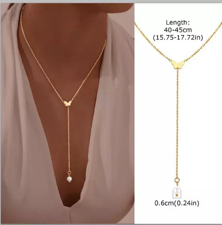 Colar lariat de aço inoxidável banhado a ouro, colar longo delicado colares laryered para mulheres meninas, pingente de gota em forma de y