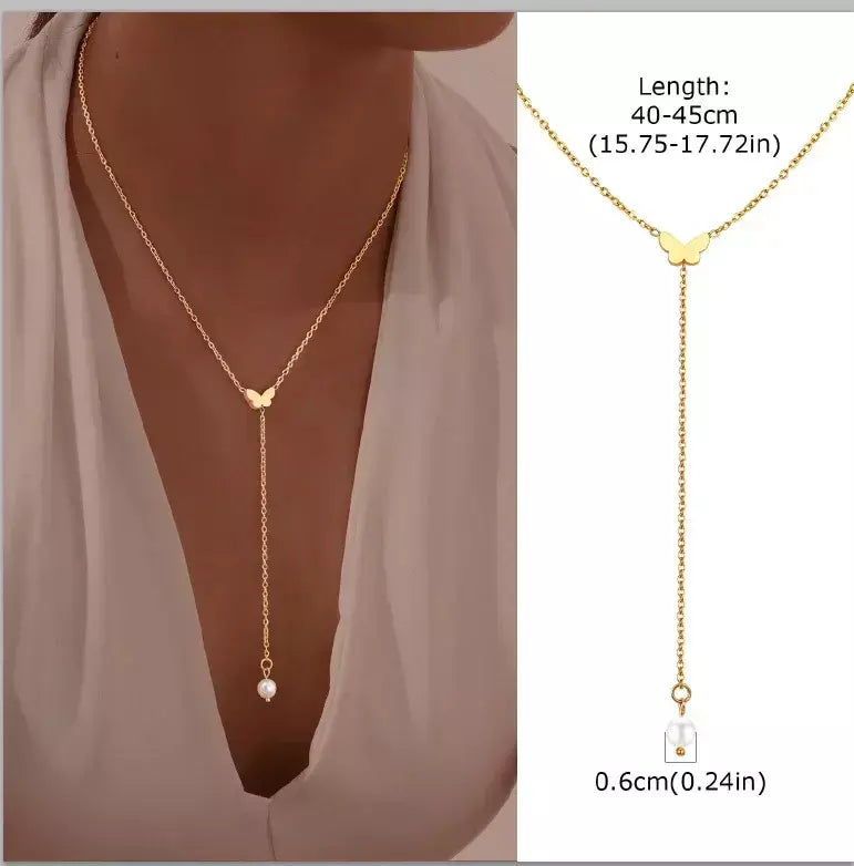 Colar lariat de aço inoxidável banhado a ouro, colar longo delicado colares laryered para mulheres meninas, pingente de gota em forma de y