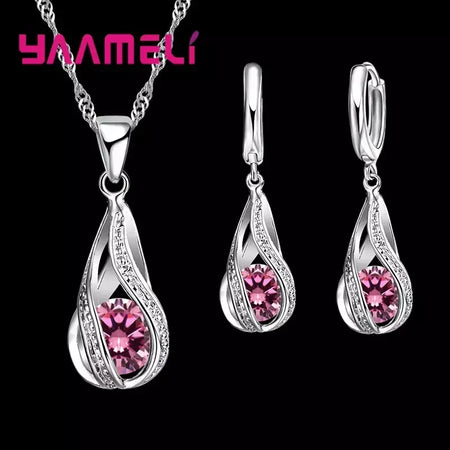 Gota de água quente cz 925 prata esterlina banhado conjunto de jóias para mulheres pingente colar brincos de argola festa de casamento ketey anel