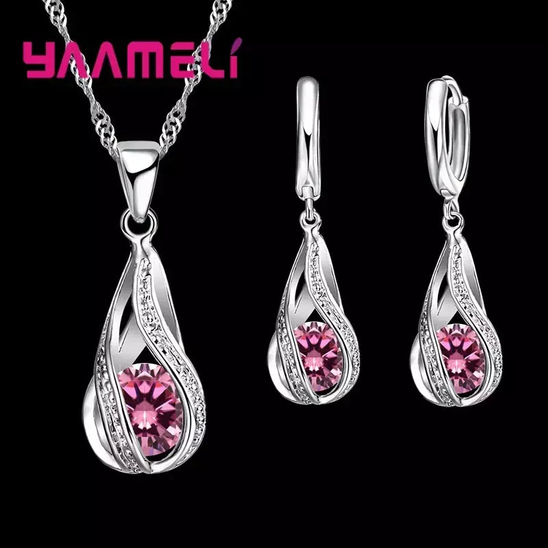 Gota de água quente cz 925 prata esterlina banhado conjunto de jóias para mulheres pingente colar brincos de argola festa de casamento ketey anel