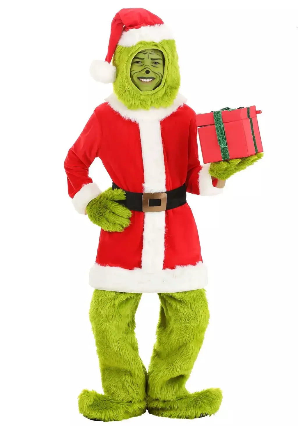 Venda quente da temporada halloween verde grinch cosplay traje papai noel com calças de pele conjunto jogar traje em massa monstro verde gri