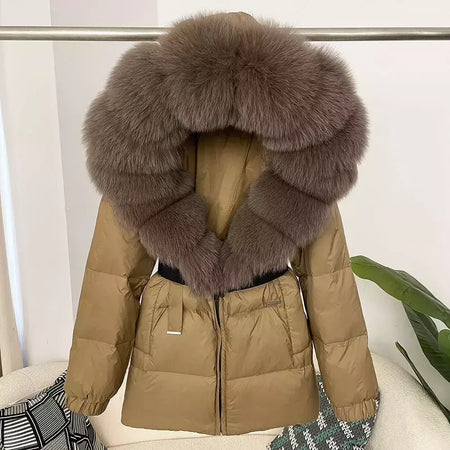 Oftbuy 2024 jaqueta de inverno feminina gola de pele de raposa natural real com capuz grosso quente 90% pato branco para baixo casaco feminino streetwear casual