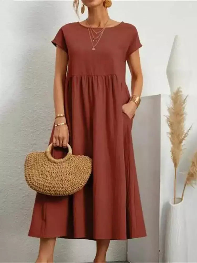 Vintage sólido midi vestido casual manga curta algodão e linho harajuku oversized vestido longo feminino verão y2k maxi vestido de verão 2023