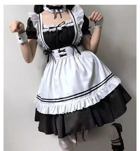 Preto branco lolita empregada traje cosplay trajes bonito vestido sexy avental francês uniforme café empregada festa saia roupas femininas