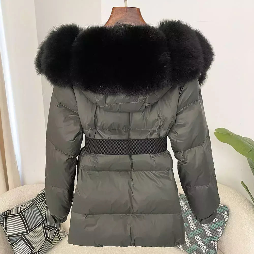 Oftbuy 2024 jaqueta de inverno feminina gola de pele de raposa natural real com capuz grosso quente 90% pato branco para baixo casaco feminino streetwear casual