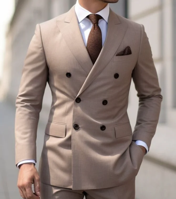 Ternos marrons slim fit de 2 peças para homens, trespassado duplo, lapela Peaked, blazer formal, jaqueta e calça, sob medida, alta qualidade
