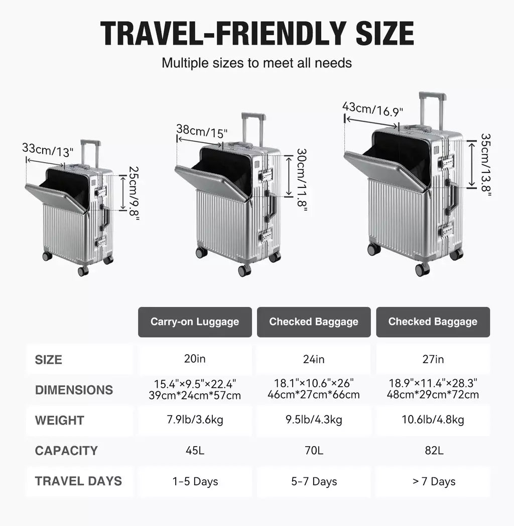 AIWEINY 2025 Mala de viagem rígida com estrutura em alumínio, resistente à pressão, com rodas omnidirecionais silenciosas de 360°, suporte para copos e prateleira, com fechadura TSA.