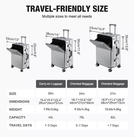 AIWEINY 2025 Mala de viagem rígida com estrutura em alumínio, resistente à pressão, com rodas omnidirecionais silenciosas de 360°, suporte para copos e prateleira, com fechadura TSA.