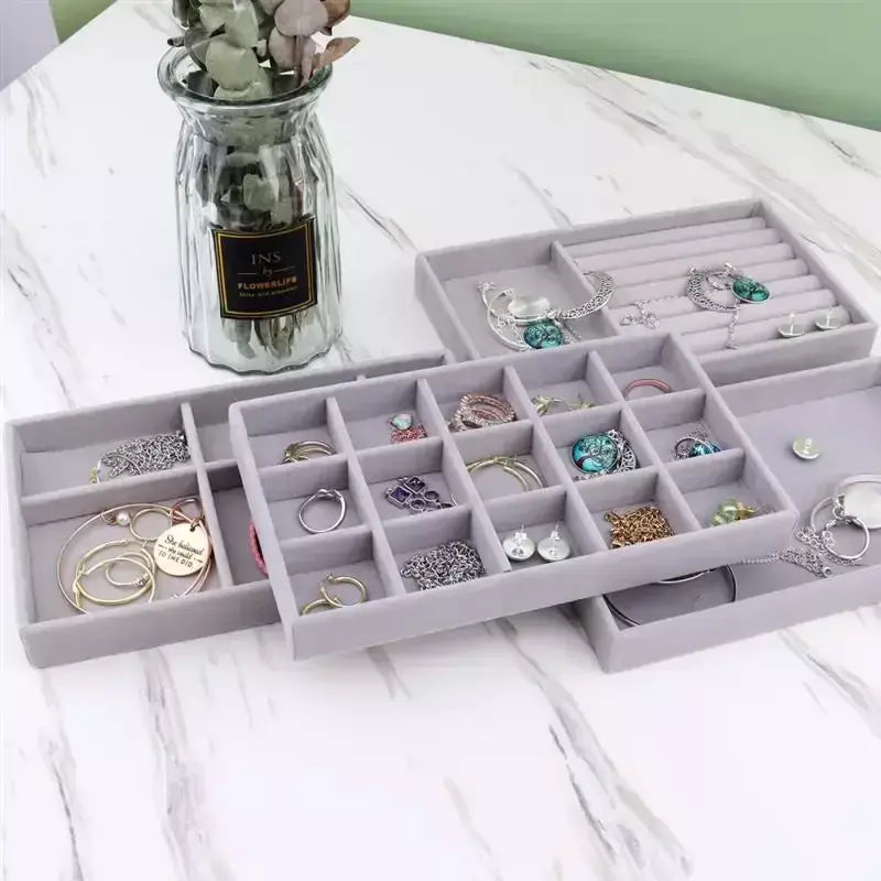 Atualizar caixa de armazenamento de jóias de veludo colar empilhável bandeja de exibição pulseira brinco organizadores diy artesanato gaveta caixa cinza