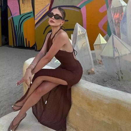 Tecido ver através do vestido maxi, Elegante Halter Beachdress, Sexy Slit Bodycon, Vestido de verão, Beachdress, Ver através, 2022