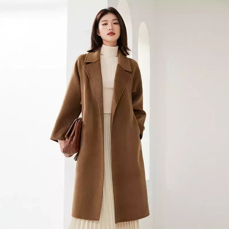 Casaco de lã dupla face feminino com cinto, fivela, 10% casaco de caxemira, cintura amarrada, top longo, moda outono e inverno, 90% lã, novo