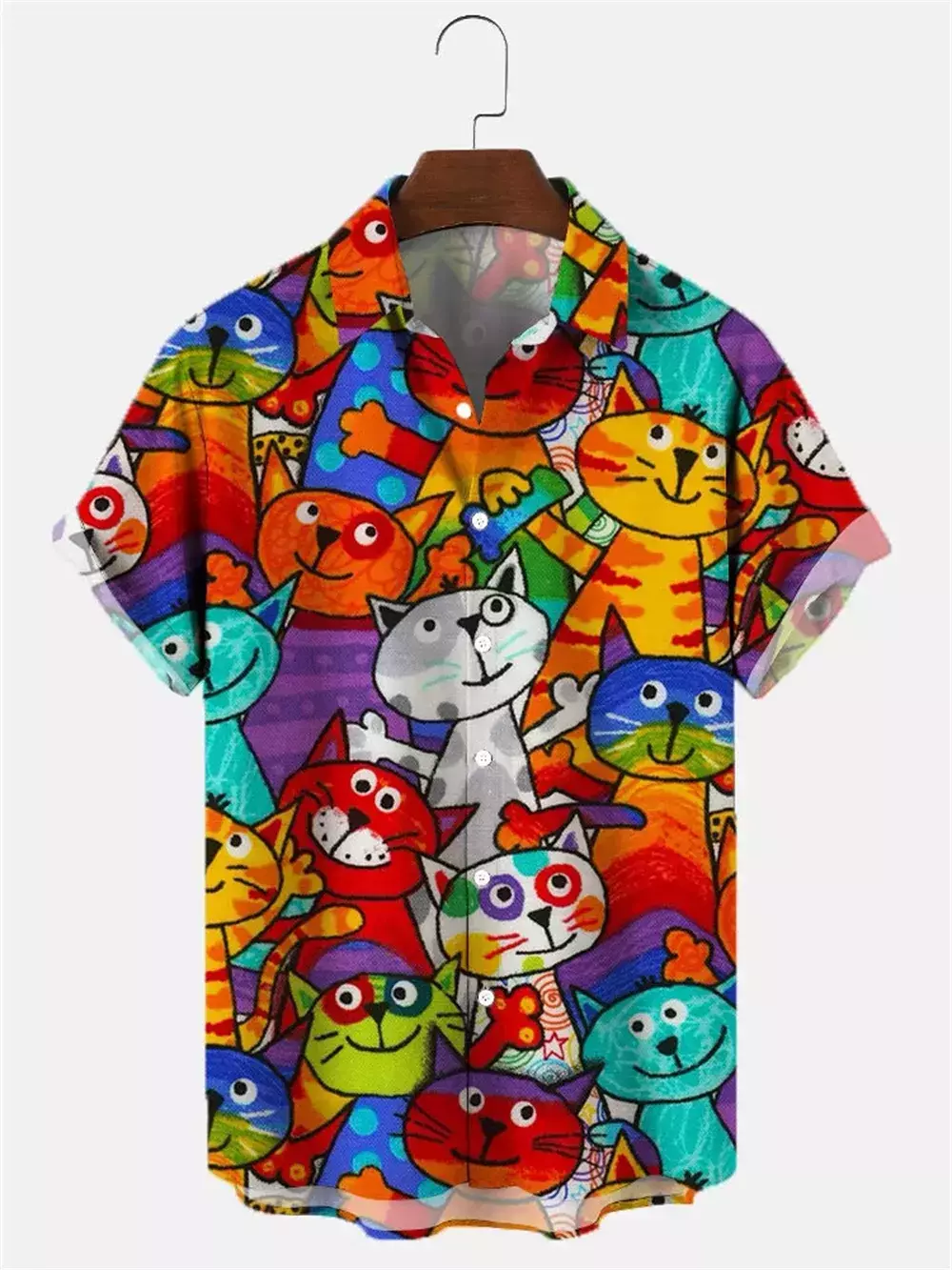 Camisa havaiana dos desenhos animados de anime masculino, Tops de manga curta, roupas casuais masculinas, rua, animais, gatos, retrô, 3D Tees, verão