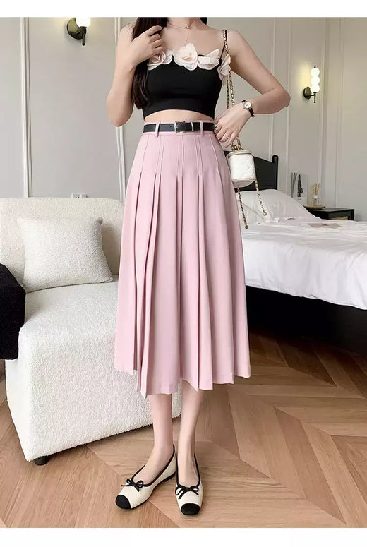 Saia plissada midi de cintura alta feminina, terno casual linha A, elegante saia de guarda-chuva vintage, moda feminina, primavera, verão, nova