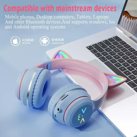 Orelhas de gato fone de ouvido rgb luz sorriso rosto tws fone de ouvido gradiente novo fone de ouvido rosa menina presente adequado para qualquer telefone