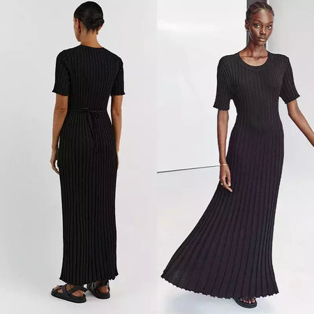 Vestido longo de malha monocromática feminino, manga curta, vestido feminino plissado, gola em O, quadril, primavera, moda verão, feminino, 2022