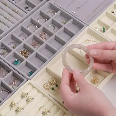 Atualizar caixa de armazenamento de jóias de veludo colar empilhável bandeja de exibição pulseira brinco organizadores diy artesanato gaveta caixa cinza
