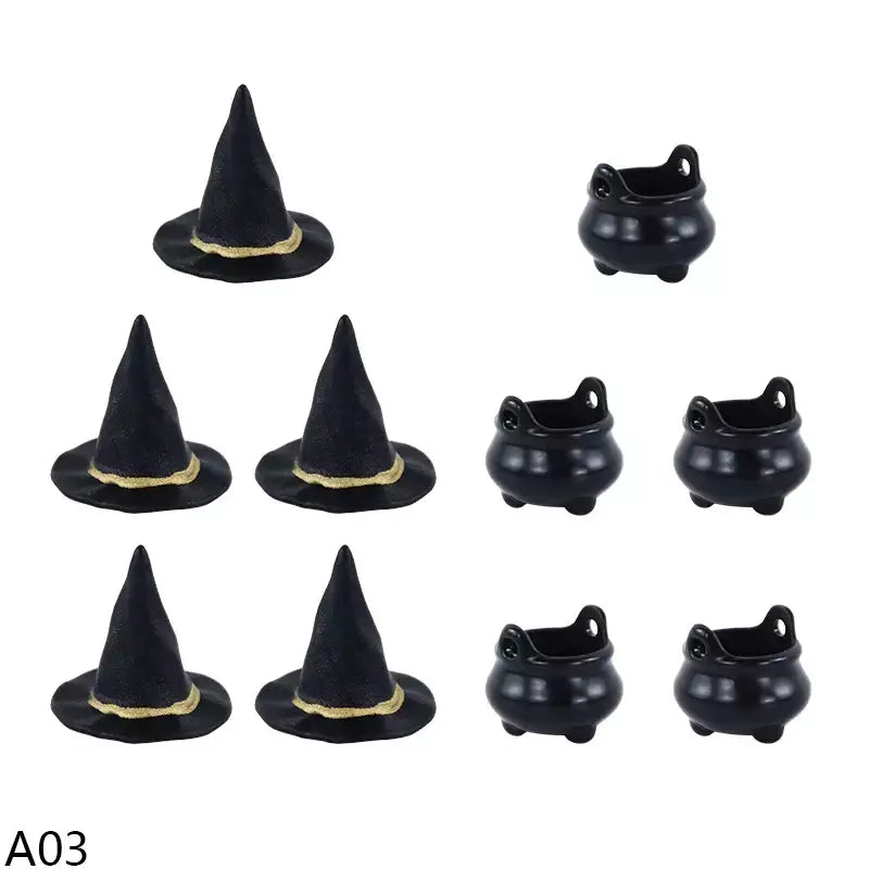 10 pçs halloween bruxa chapéu decorações chapéus em miniatura caldeirão potes chaleira ornamento festa de halloween decoração para casa diy artesanato